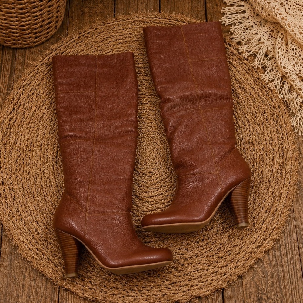 Cognac Brown Pebbled Leather Tall Heel Boots 6 Fall Preppy Western Boho Cowgirl